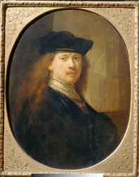 Rembrandt iført kokkehue mod en arkitektonisk baggrund ...