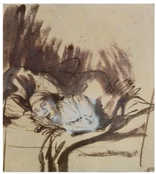 Syg kvinde i en seng, måske Saskia, malerens kone