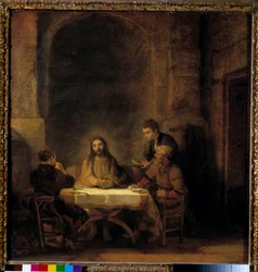Pilgrimmene i Emmaus. Kristus viser sig for pilgrimmene, der sidder ved et bord i et gæstgiveri i Emmaus. Maleri af Harmensz van Rijn, kaldet Rembrandt (1606-1669), 1648. 0,68 x 0,65 m - Pilgrimme i Emmaus, også kaldet Nadveren i Emmaus. Kristus viser sig