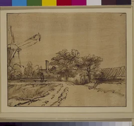 Vindmøllen på bolværket ved Sint Anthonispoort, Amsterdam, ca. 1650 (pen og blæk på papir)