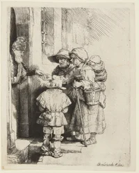 En blind hurdy-gurdy-spiller og hans familie modtager almisser