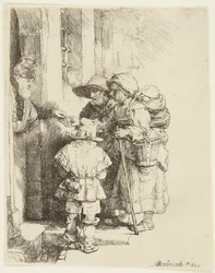 En blind hurdy-gurdy-spiller og hans familie modtager almisser