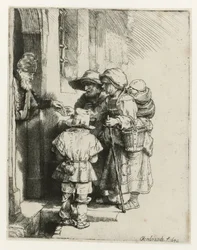 En blind gurdy-spiller og hans familie En blind gurdle-spiller og familie, der modtager almisser