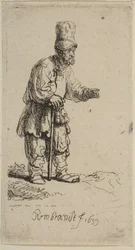 En bonde i høj kasket, stående lænet på en pind, 1639.