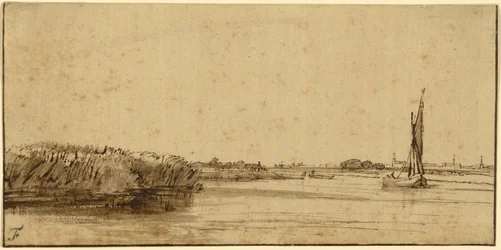 A Sailing Boat on a Wide Expanse of Water, ca. 1650 (pen og brunt blæk og brun vask, på tonet papir)