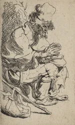 Tigger sidder og varmer sine hænder ved et gnidningsfad, ca. 1630., ca. 1630.