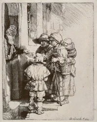Tiggere, der modtager almisse ved døren til et hus, 1648 (tørpunktsgravering)
