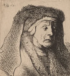 Buste af en gammel kvinde i en pelset kappe og kraftig hovedbeklædning, 1631.