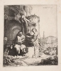 Kristus og den samaritanske kvinde blandt ruinerne (lodret illustration)