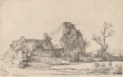 Hytter og landbrugsbygninger med en mand, der tegner, ca. 1645.