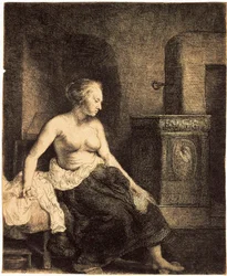 Halvnøgen kvinde ved et komfur, 1658.