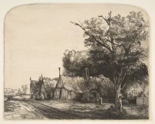 Landskab med tre gavlhuse ved siden af en vej, 1650.