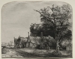 Landskab med tre gavlhuse ved siden af en vej, 1650.
