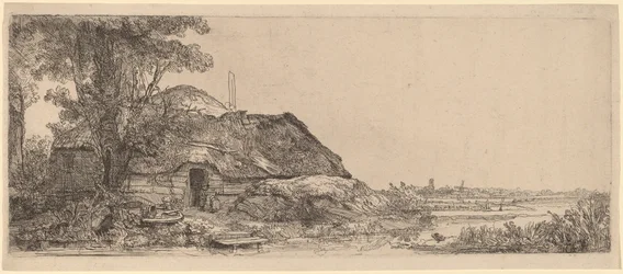 Landskab med et sommerhus og et stort træ
