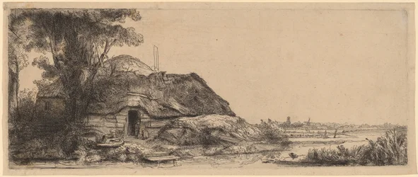 Landskab med et sommerhus og et stort træ