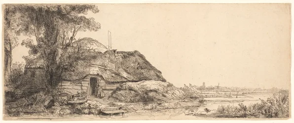 Landskab med et sommerhus og et stort træ