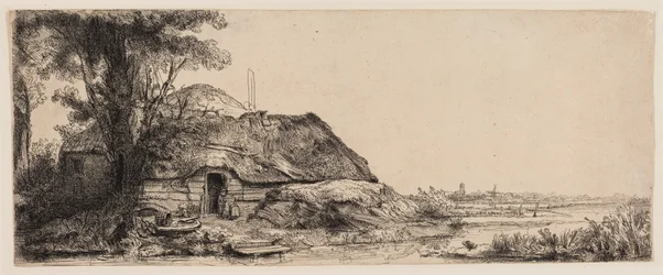 Landskab med et sommerhus og et stort træ