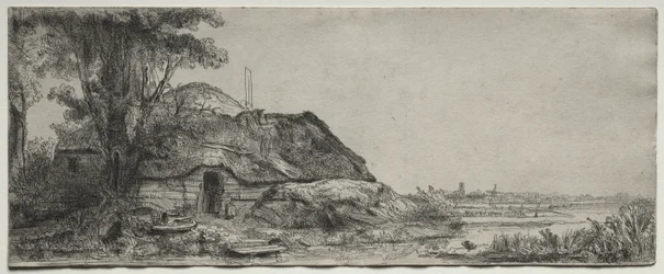 Landskab med et sommerhus og et stort træ