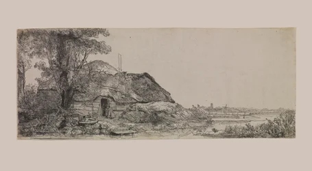 Landskab med et sommerhus og et stort træ