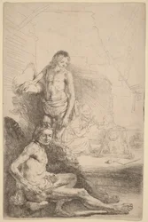 Siddende nøgen mand og stående nøgen mand, med en kvinde og et spædbarn i baggrunden