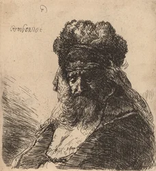 Gammel skægget mand i en høj pelshue, med lukkede øjne, ca. 1635.