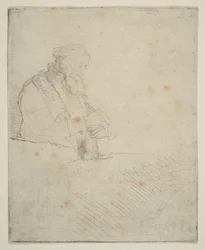 Gammel mand i meditation, lænet sig op ad en bog, ca. 1645.