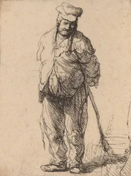 Raget bonde med hænderne bag sig, holder en pind, ca. 1630.