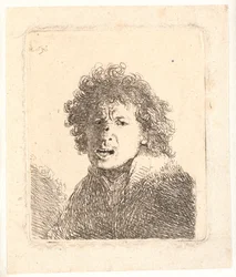 Rembrandt barhovedet og åbenmundet, som om han råbte: buste