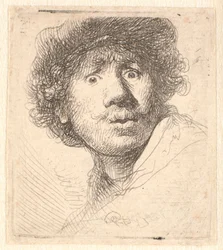 Rembrandt i kasket, åben mund og stirrende: buste i omrids