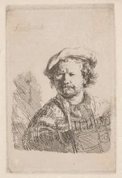Rembrandt i en flad kasket med et sjal om skuldrene