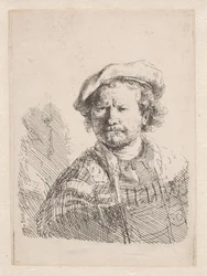 Rembrandt i en flad kasket med et sjal om skuldrene