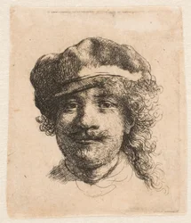 Rembrandt iført en blød hue: i fuld ansigtsprofil: kun hovedet
