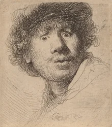 Selvportræt i kasket, åben mund, 1630.