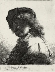 Selvportræt i kasket og tørklæde med ansigtet mørkt, 1633