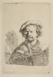 Selvportræt i flad kasket og broderet kjole, ca. 1642.