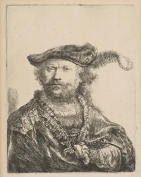 Selvportræt i fløjlskasket med fane, 1638.