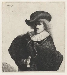 Selvportræt i blød hat og broderet kappe, 1634.