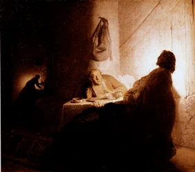 Måltidet i Emmaus. Kristus viser sig for pilgrimmene, der sidder ved et bord på et gæstgiveri i Emmaus. Maleri af Harmensz van Rijn, kaldet Rembrandt (1606-1669), 1628-1629. Olie, 21,5 x 16,5 cm. Paris, Musée Jacquemart-André