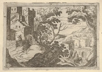 Landskab med bygninger til venstre og en bro til højre forneden, ca. 1620-50.