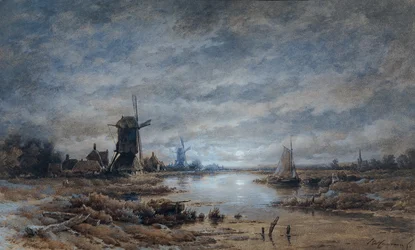 Månelys nat (kanallandskab med vindmøller og skibe)