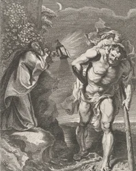 Sankt Christopher bærer Kristusbarnet over en å, en anden mand holder en ..., ca. 1636-80.
