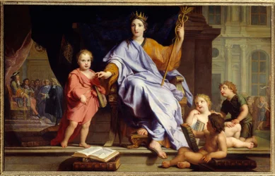 Veltalenheden Allegori om veltalenheden kronede i baggrunden kong Ludvig XIV foran sine hofmænd. Maleri af Rene Antoine Houasse (1645-1710) 1600-tallet søn. 0,96x1,54 m Brest, musee des Beaux Arts