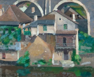 Huse på Vézère ved Uzerche (olie på pap)