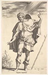 Empedocles, der står frontalt med hovedet vendt i trekvart syn, dirigerer ..., ca. 1545-63.