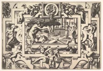 Medea hælder en trylledrikk over Jason King Aeson, så affældig og affældig, i et kar hun..., 1563.