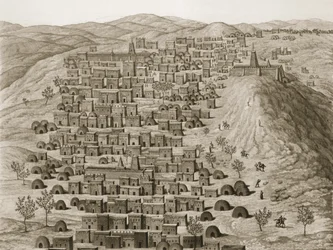 Udsigt over en del af byen Timbuktu fra en bakke, illustration fra Journal dun Voyage a Tombouctou et a Jenne, 1830