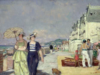 Elegante kvinder ved strandpromenaden i Cabourg, ca. 1929 (olie på lærred)