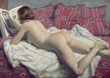 Nøgenmodel på en lyserød divan, ca. 1925