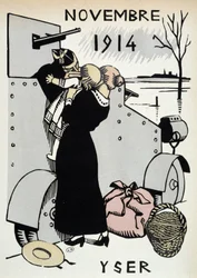 Nov.1914: Yser, troppernes afgang - i "" Krigskalender"", tegning af Herman-Paul, red. 1916
