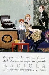 Radio Radio Radio Advertising Postcard (TSF): "" Alle radiokoncerter kan høres ved hjælp af Radiola-enheder". sd. omkring 1919. Illustration af Rene Vincent, aka Rene Mael (1879-1936).